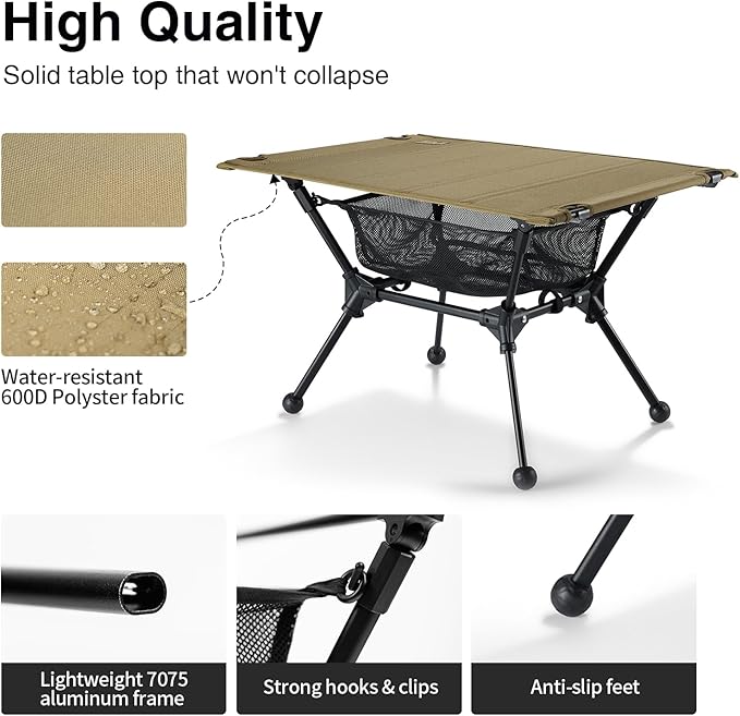 ONETIGRIS Dipper Camping Table, Lightweight Portable Folding Table with Mesh Storage Net, High/Low Options, Ideal for Camping, Hiking, Tailgating, Beach, Picnic, Travel, Backyard