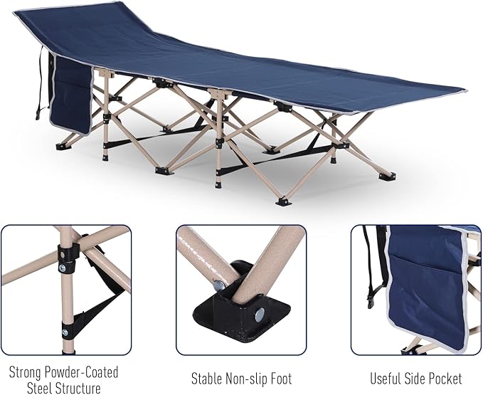 Outsunny Folding Camping Cot for Adults with Carry Bag, Side Pocket, Outdoor Portable Sleeping Bed for Travel, Camp, Vacation, 330 lbs. Capacity, Blue