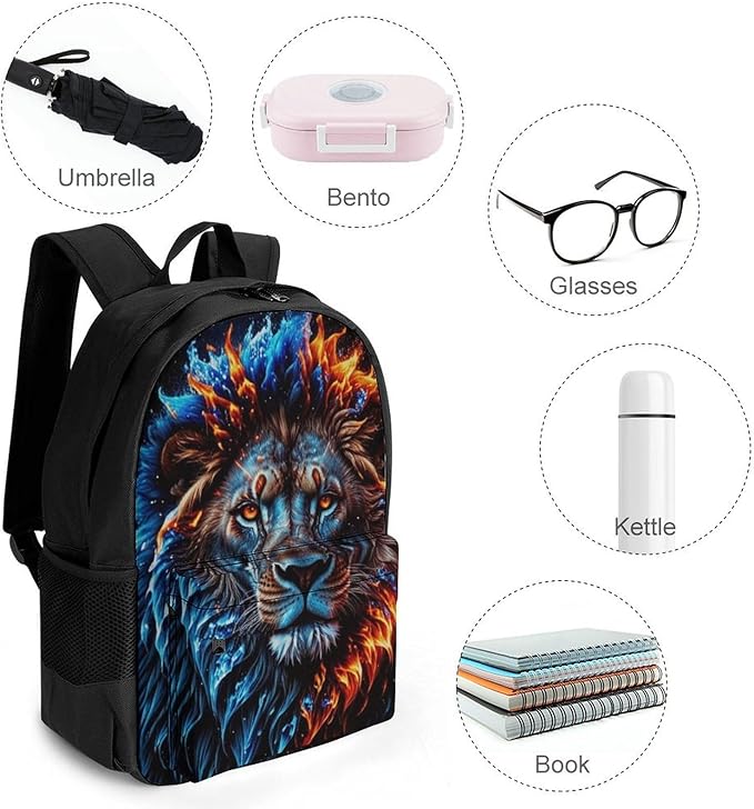 Daypack Backpack Anti-Theft Multipurpose Large Capacity Carry On Bag, Cool Lion Fire Surreal Style Art Traveling Camping Backpack With Side Pockets