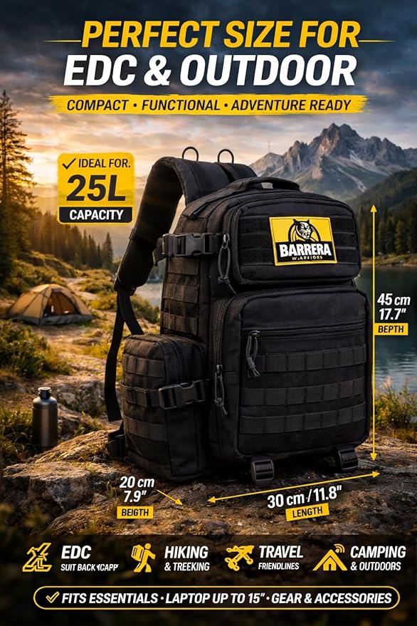 Tactical Backpack 25L Military MOLLE Assault Pack – Waterproof EDC Backpack for Hiking, Camping, Travel & Survival Gear, Bug Out Bag (Black Tactical)