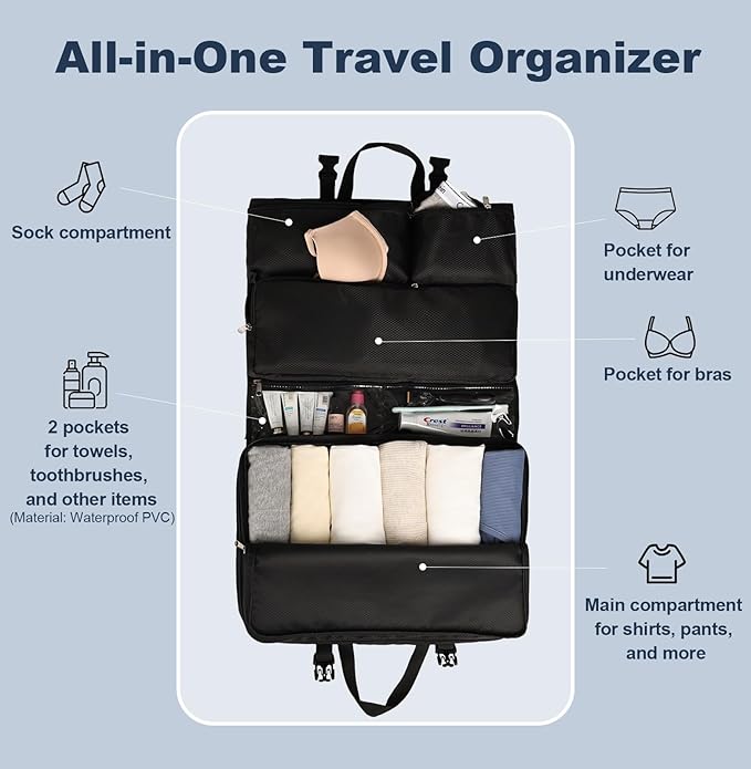 TABITORA Travel Clothes Organizer Portable Hanging Compression Packing Cubes Camp Organizer Travel Cases Suitcase Storage Large Capacity Carry On Closet (Black)