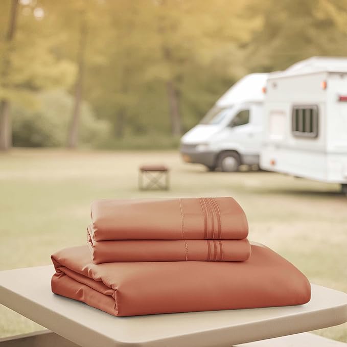 Hearth & Harbor Short Queen Sheets for RV, Rust RV Queen Sheets, Silky Soft 1800 Microfiber Bed Sheet for Camper, 4 Piece RV Bedding with Pillowcases