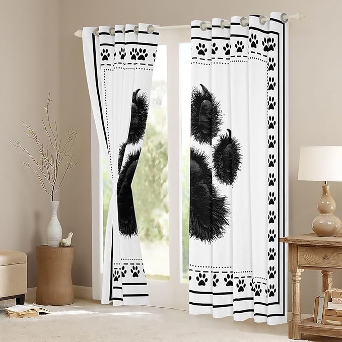 Manfei Bear Paw Print Blackout Curtains Black Claw Print Window Drapes,Wild Animal Footprints Window Treatments,Kids Boys Girls Room Decor,Grommet Top 2 Panel Set Bedroom Curtains, 42Wx90L inch