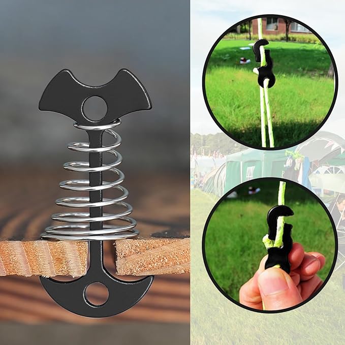 10 Pcs Deck Anchor Pegs Tent Stakes Large Size 55mm, Tent Pegs Anchors Aluminum Alloy Fishbone Spring Hooks Tent Stakes with Spring Buckle, Portable Wind Rope Anchor, Black