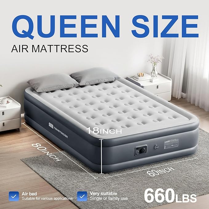 Queen Air Mattress with Built in Pump,18" Raised Blow up Air Bed,3 Mins Quick Self-Inflation/Deflation, Inflatable Mattress for Camping/Home/Guests/Travel (Gray)