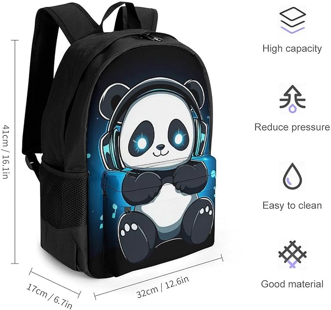 Supdreamc Daypack Backpack Polyester Multipurpose Anti-Theft Animal Headphones Music Cute Panda Shoulder Bag Big Capacity Gym Outdoor Hiking Backpack With Smooth Zippers