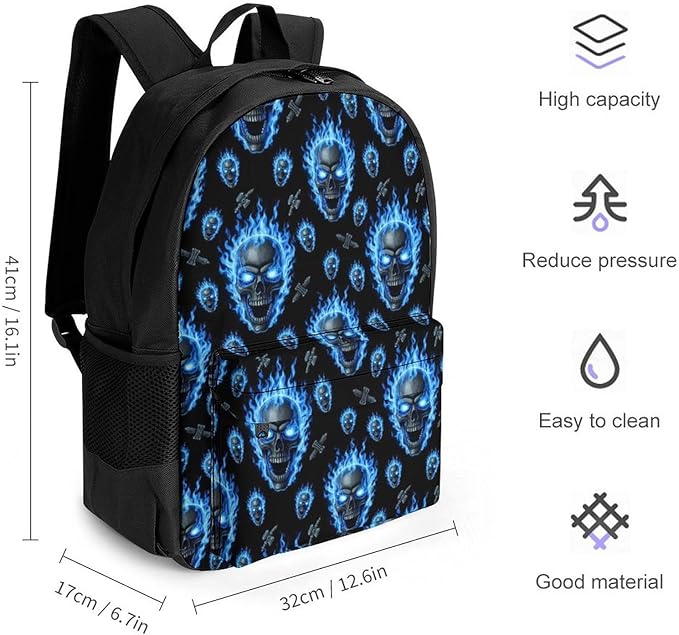 Rucksacks Lightweight Multipurpose Anti-Theft Blue Fire Flame Skull Shoulder Bag Big Capacity Laptop Book Bag Rucksack With Padded Straps