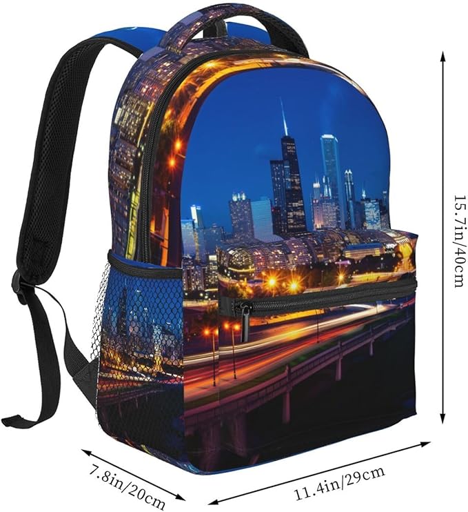 Rucksacks Polyester Anti-Theft Multipurpose Usa Chicago City Skyline Night View Art Carry On Bag Large Capacity Gym Outdoor Hiking Backpack With Smooth Zippers