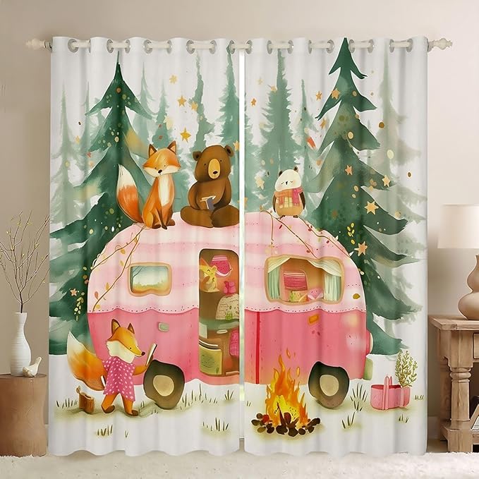 Feelyou Camping Camper Rv Blackout Curtains Bear Fox Animal Darkening Drapes for Bedroom Living Room Decor Car Thermal Insulated Shades Window Treatments, 2 Panels 52 x 84 Inch