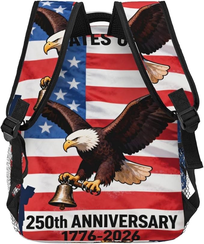 Men Women Lightweight 250 Years American 250th Anniversary USA Flag Art Casual Daypack Large Capacity Bookbag With Adjustable Shoulder Straps for Gym Business Bicycle