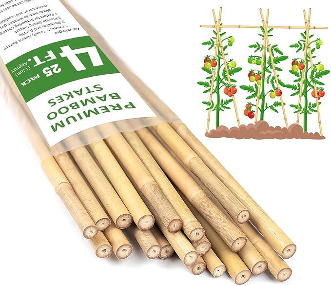 Plant Stakes 4FT, Natural Bamboo Stakes, HAINANSTRY 25Pcs Sturdy Bamboos Garden Stake, Bamboo Sticks for Plants, Beans, Indoor and Outdoor Climbing Plants, Tomato Vegetable Stakes for Garden