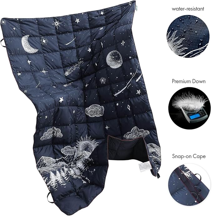 Down Camping Blanket, Ultralight Compact Packable Throw with Snaps for Outdoor Indoor, Travel Stadium Concert Picnic Beach, Puffy 650 Fill Down Water-Resistant Quilt (Midnight Sunrise)