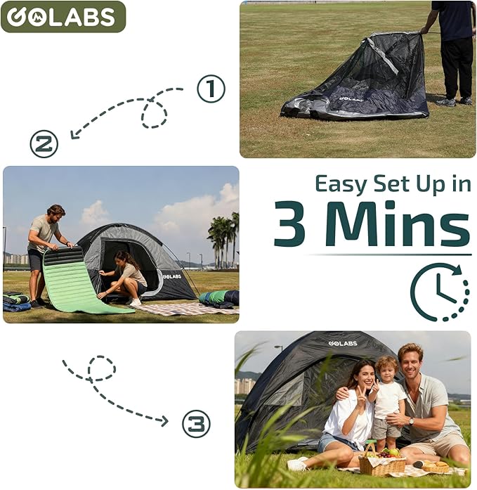Golabs CT1 2 Person Camping Tent, Easy Set Up in 3 Mins, PU1500mm Waterproof w/Mesh Top & Door with Ventilation, Lightweight 4.4lbs Portable Family Tent with Carry Bag &Interior Storage Pockets &Hook