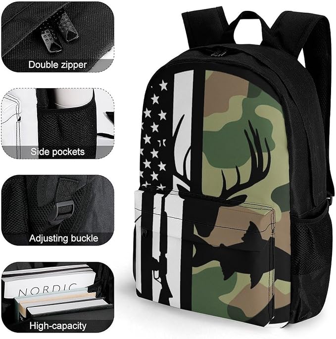 Lightweight Daypack Backpack for Sports Travel Running, Large Capacity Multipurpose Anti-Theft Bookbag, Hunting Deer Bass Fishing Lure Camo Camouflage American Flag Black Laptop Backpack Daypack