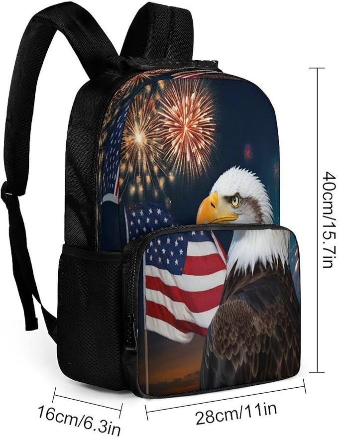 Daypack Bookbag Anti-Theft Multipurpose Large Capacity Bookbag, Bald Eagle American Flag Fireworks Travel Hiking Camping Rucksack With Adjustable Shoulder Straps