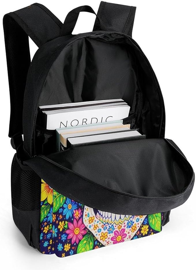 Supdreamc Men Women Polyester Sugar Skull Colorful Day Of The Dead Art Daypack Backpack Large Capacity Carry On Bag With Smooth Zippers for Hiking Picnic Walking Cycling