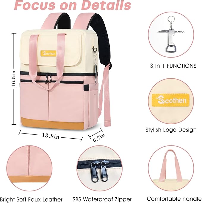 Backpack Cooler with Double Decker & 12 Ice Packs- Keeps 36 Cans Cold for Up to 24 Hours- Waterproof & Leak Proof Insulated Cooler Backpack- Stylish Cooler Bookbag for Women Travel Work Beach