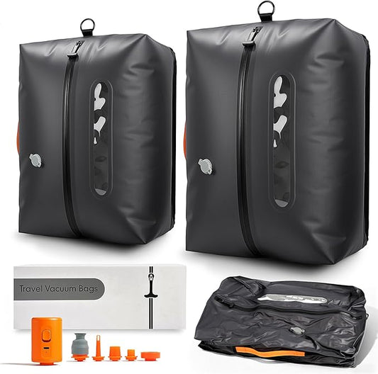 Vacuum Travel Bags with Pump, 2 Pack 34L Space Saver Vacuum Compression Bags for Travel Luggage Suitcase Backpack, Waterproof & Reusable Vacuum Packing Cubes for Clothing (2PCS + Pump)