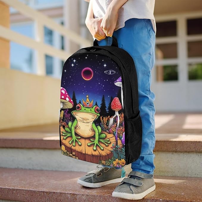 Supdreamc Rucksack Polyester Anti-Theft Multipurpose Magic Mushrooms Frog Trippy Art Bookbag Big Capacity Travel and Sport Backpack Rucksack With Side Pockets