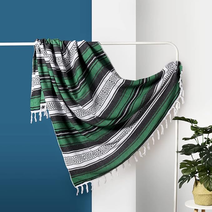 Airooglee 77" L x 46.4" W Large Mexican Blanket - Perfect as Camping Blanket, Yoga Outdoor Beach Serape Picnic Woven Blanket, Boho Home Décor - Green