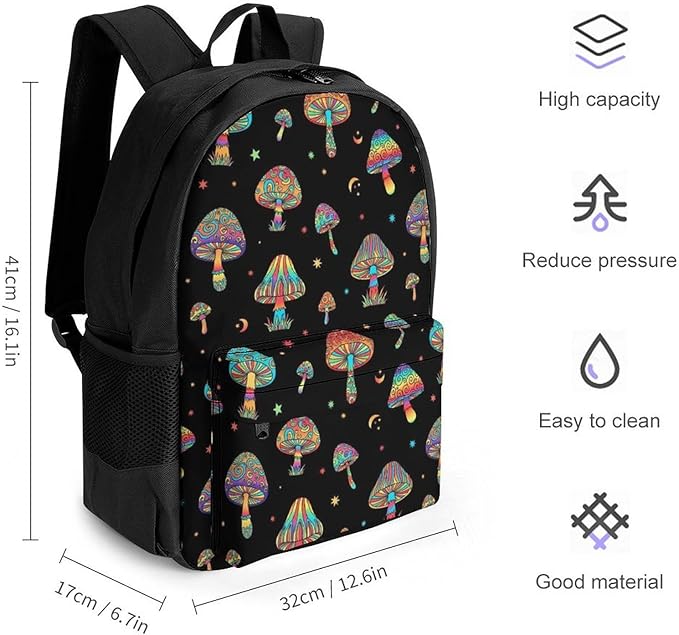 Supdreamc Men Women Polyester Trippy Magic Moon Mushrooms Daypack Backpack Large Capacity Carry On Bag With Smooth Zippers for Hiking Picnic Walking Cycling