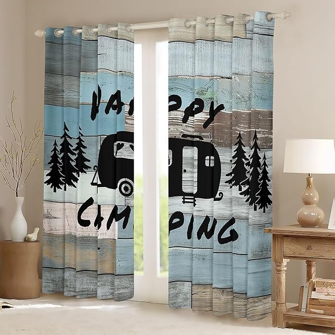 Happy Camping Adventure Window Drapes,Pine Tree Camper Silhouette Rustic Blackout Curtains,Wooden Plank Farmhouse Cabin Nursery Bedroom Playroom Decor,Blue 2 Panels,52Wx84L inch