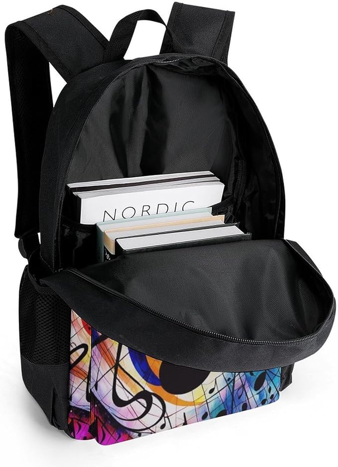 Supdreamc Women Men Polyester Abstract Music Notes Colorful Casual Daypack Large Capacity Bookbag With Side Pockets for Sports Picnic Walking Cycling