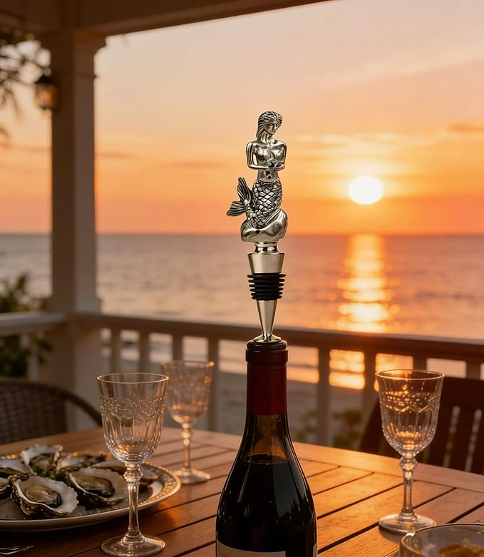Homestia Mermaid Wine Stopper, Reusable Zinc Alloy Bottle Topper with Silicone Seal Leak-Proof, Handcrafted Decorative Wine Saver Gift for Wine Lovers