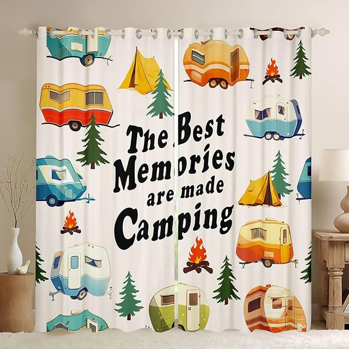 Cartoon Camper Kids Blackout Curtains,Tent Bonfire Campfire RV Trailer Window Drapes,Pine Tree Daisy Flower Rustic Nursery Bedroom Playroom Decor,Cream 2 Panels,38Wx54L inch