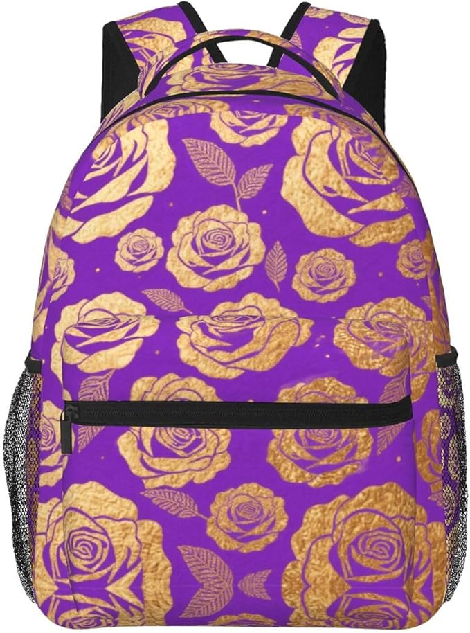 Men Women Lightweight Purple Gold Rose Art Backpack Large Capacity Carry On Bag With Padded Straps for Sports Work Walking Cycling