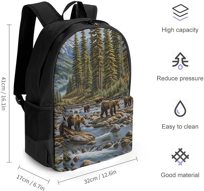 Men Women Polyester Western Mountain Bear Retro Daypack Backpack Large Capacity Carry On Bag With Smooth Zippers for Hiking Picnic Walking Cycling