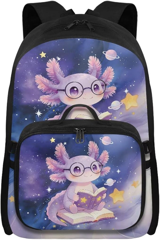 HUGS IDEA Reading Axolotl Girls Backpack and Lunch Bag School Bookbag for Elementary Pink School Bag Set for Girls 6-8 Lightweight Book Bag with Lunchbox Children Backpacks