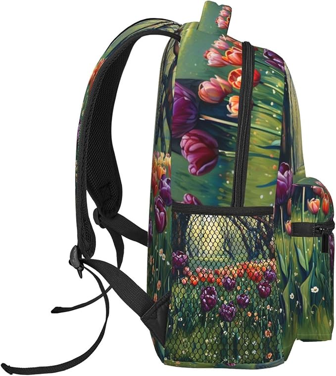 Adults Lightweight Colorful Sea Of Tulips Art Rucksacks Large Capacity Bookbag With Adjustable Shoulder Straps for Trekking Outdoors Bicycle