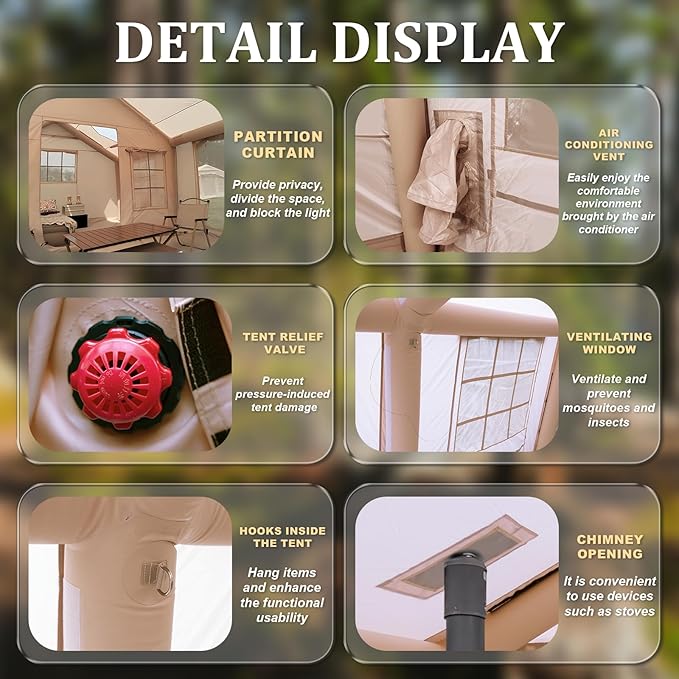 8/10/12 Person Large Inflatable Tents for Camping, 4 Season Blow Up Tents with Canopy/Rainfly, Luxury Inflatable Tent House with Stove Jack, Easy Setup Inflatable Camping Tent.