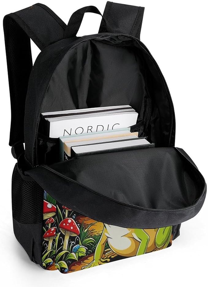 Supdreamc Daypack Backpack Anti-Theft Multipurpose Big Capacity Bookbag, Psychedelic Magic Mushrooms Frog Trippy Art Business Computer Bag With Side Pockets