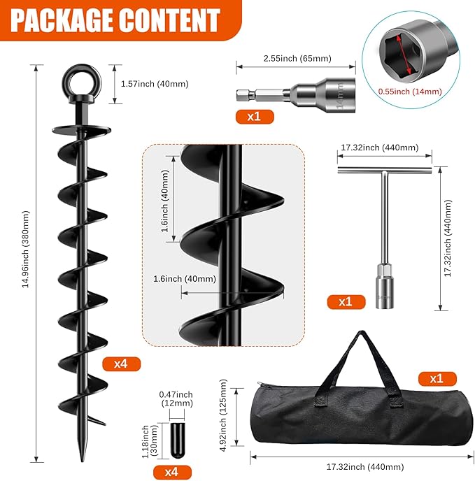 Ground Anchor Screw in, 4 Pack Spiral Trampoline Anchors with Nut and Tool Swing Set Anchors Tent Stakes High Wind Heavy Duty for Sheds, Carports, Mobile Home Black