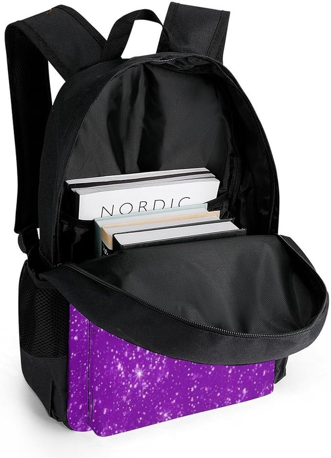 Lightweight Daypack Backpack for Sports Travel Running, Large Capacity Multipurpose Anti-Theft Bookbag, Purple Glitter Sparkle Pattern Laptop Backpack Daypack