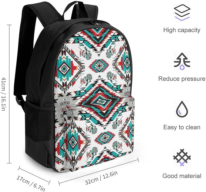 Polyester Daypack Backpack for Trekking Picnic Walking Cycling, Large Capacity Anti-Theft Multipurpose Shoulder Bag, Geometric Indiana Western Southwest Tribal Ethnic Aztec White Casual Daypack