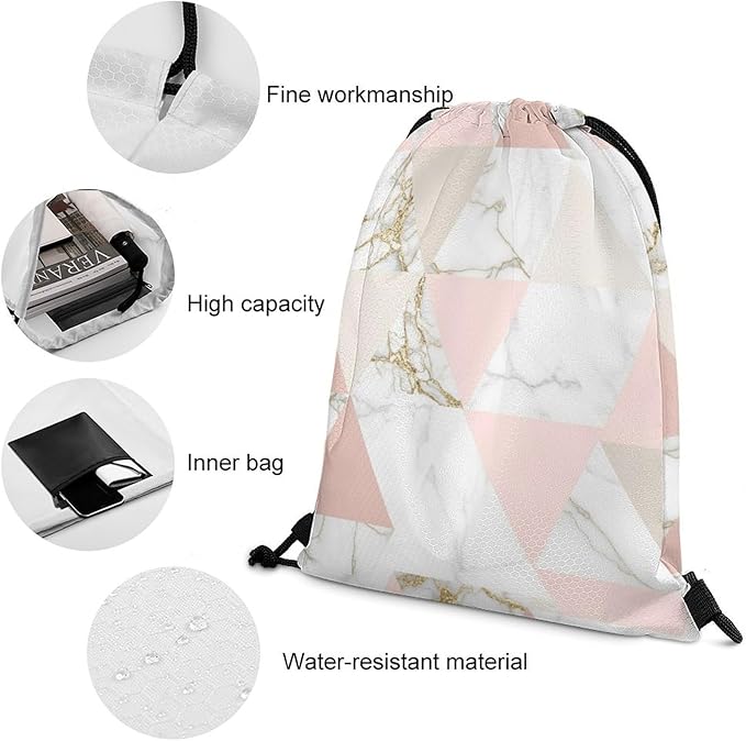Gym Drawstring Bag Sports Sackpack Waterproof String Backpack with Shoe Compartment for Hiking Swimming Training, Rose Gold Grey Marble Bags