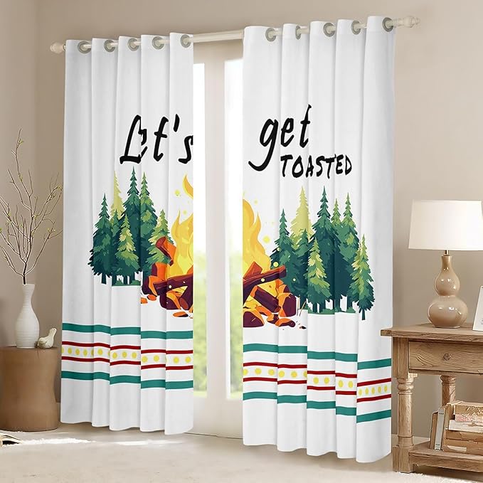 Happy Camping RV Blackout Curtains,Bonfire Campfire Pine Tree Natural Window Drapes,Camper Trailer Rustic Farmhouse Nursery Bedroom Playroom Decor,Green 2 Panels,42Wx84L inch