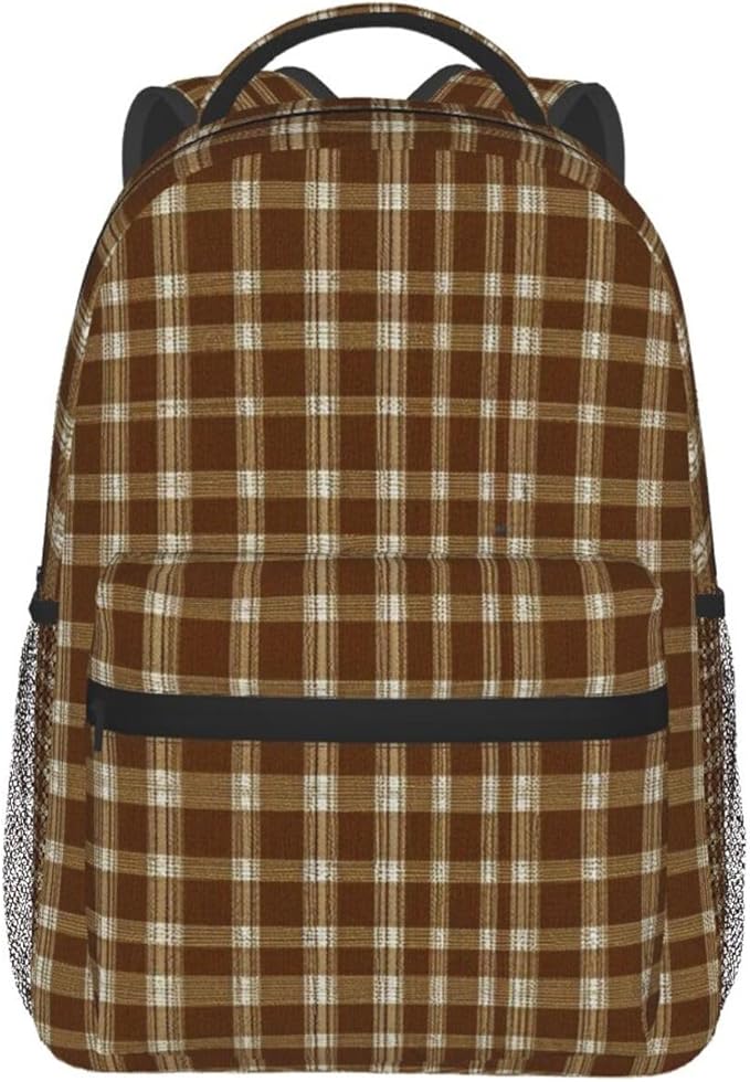 Daypack Bookbag Anti-Theft Multipurpose Large Capacity Bookbag, Beige Tartan Pattern Travel Hiking Camping Rucksack With Adjustable Shoulder Straps
