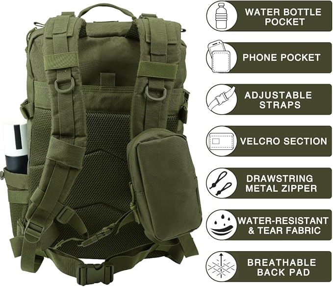 Military Tactical Backpack,Sturdy Work & Molle Laptops Rucksack,Army Pack for Hiking Camping Travel Fishing Gym,Green