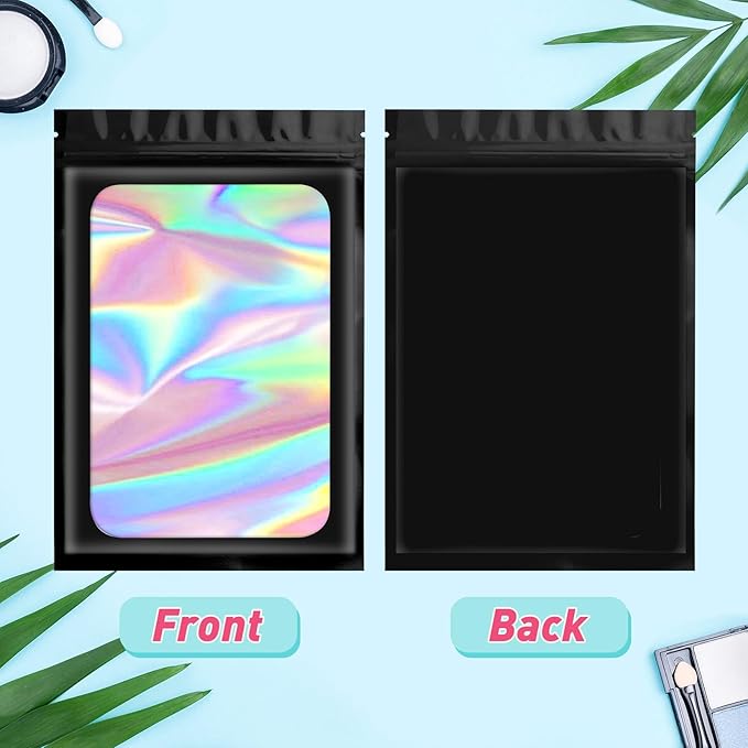 Funfery 300 Pack Smell Proof Resealable Bags for Food Storage,Holographic Bags 3.1x5.1 Black Mylar Clear Packaging Bag- Scent Proof for Cookies, Zip Foil Pouch for Small Business