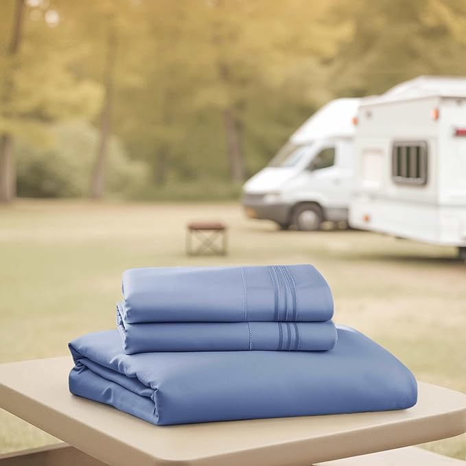 Hearth & Harbor Short Queen Sheets for RV, Steel Blue RV Queen Sheets, Silky Soft 1800 Microfiber Bed Sheet for Camper, 4 Piece RV Bedding with Pillowcases