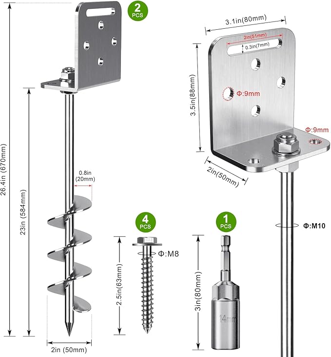 2/4/6 Pack 18" 24" Ground Anchors Screw in Shed Earth Anchor Stakes Set with L Bracket Trampoline Anchor Spiral Swingset Anchors for Swing Set, Fence, Tent, Mobile Home, Canopy, Carport, Playset