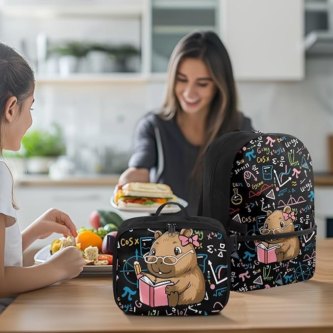 HUGS IDEA Math Capybara Backpack with Lunchbox School Bookbag with Lunch Tote for Kids Large Capacity Elementary School Bag 17 Inch Book Bag for Girls Polyester Children Back Pack