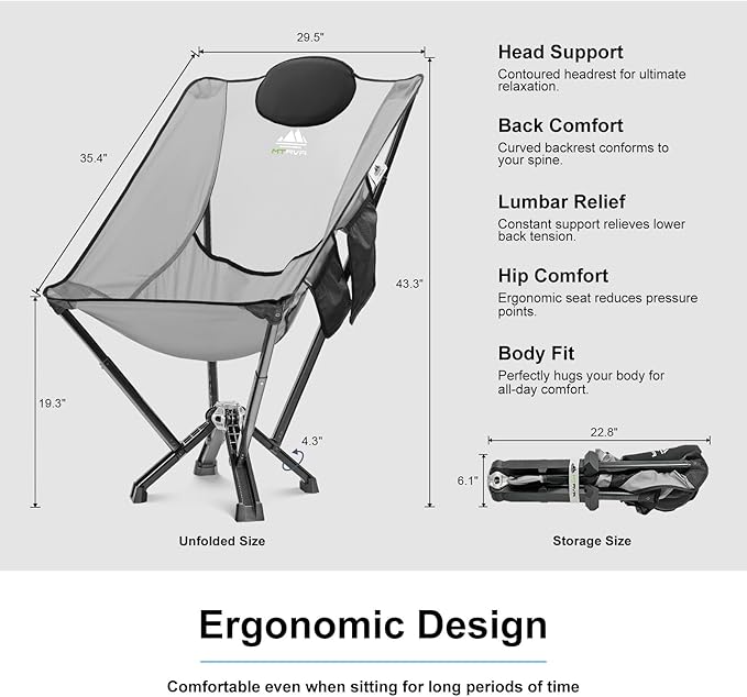 Camping Chairs for Adults, Supports 600 Lbs Lightweight Folding Camping Chair, Collapses to Size of Water Bottle Portable Camping Chair for Outdoor, Beach, Lawn, Travel, Picnics