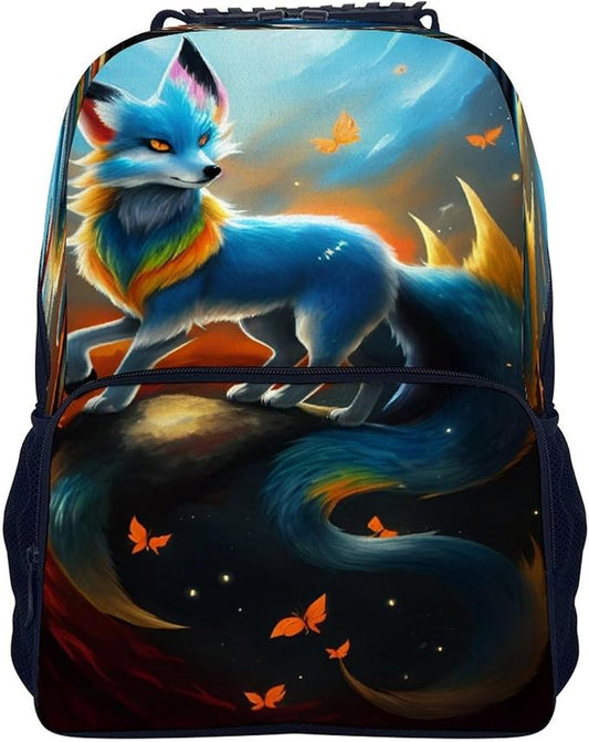 Polyester Daypack Backpack for Climbing Outdoors Running, Big Capacity Multipurpose Anti-Theft Bookbag, Mythical Creature Kitsune Fox Art Travel Hiking Camping Rucksack