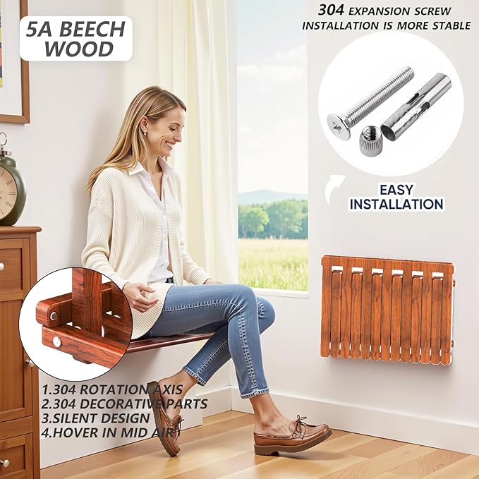 The folding stool is made of oak wood and can bear a weight of 400 pounds. When unfolded, it measures 1.5" by 1", providing comfort and safety. The thickness is 2" (Walnut paint)