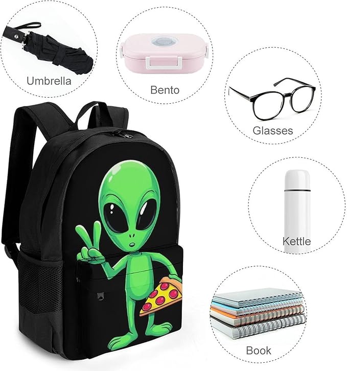 Supdreamc Lightweight Daypack Backpack for Trekking Work Running, Big Capacity Multipurpose Anti-Theft Bookbag, Funny Space Alien Eating Pizza Peace Business Computer Bag
